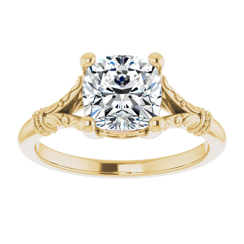 Cushion Split Shank Moissanite Engagement Ring with Scroll Accents