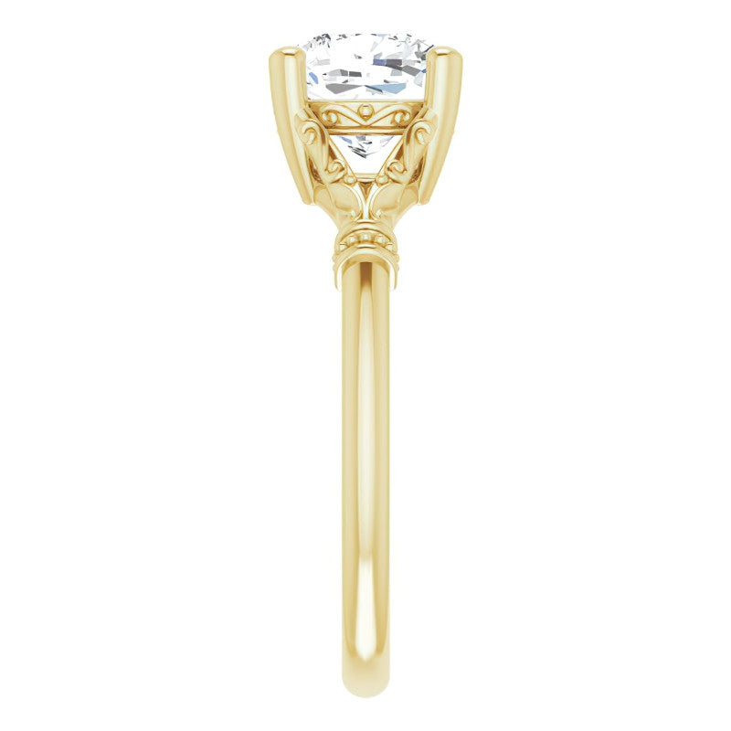 Cushion Split Shank Moissanite Engagement Ring with Scroll Accents