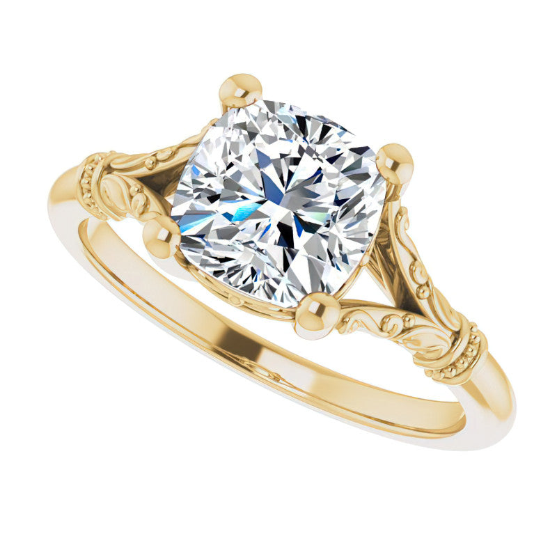 Cushion Split Shank Moissanite Engagement Ring with Scroll Accents