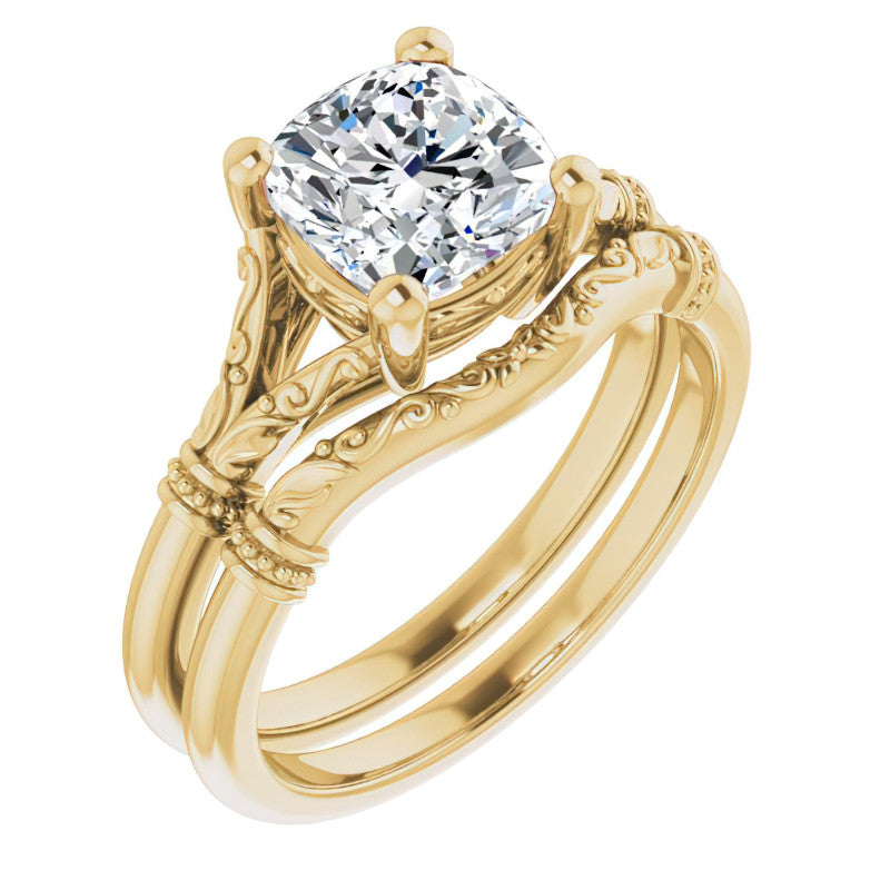 Cushion Split Shank Moissanite Engagement Ring with Scroll Accents