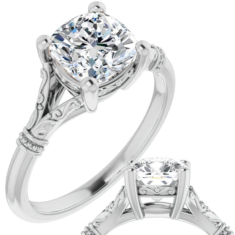 Cushion Split Shank Moissanite Engagement Ring with Scroll Accents