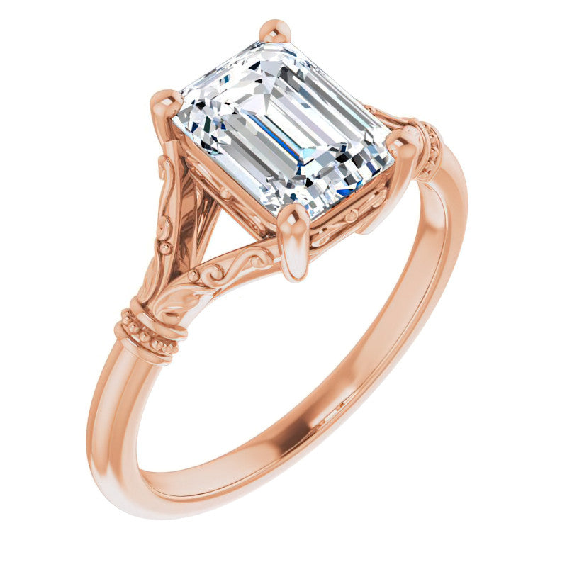 Emerald / Radiant Split Shank Moissanite Engagement Ring with Scroll Accents
