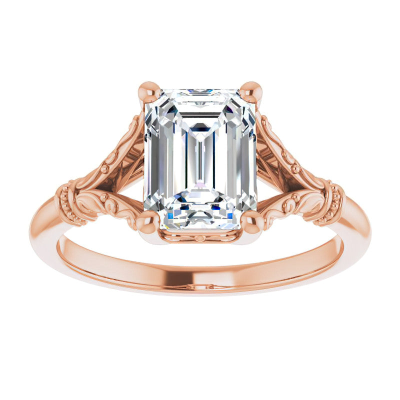 Emerald / Radiant Split Shank Moissanite Engagement Ring with Scroll Accents