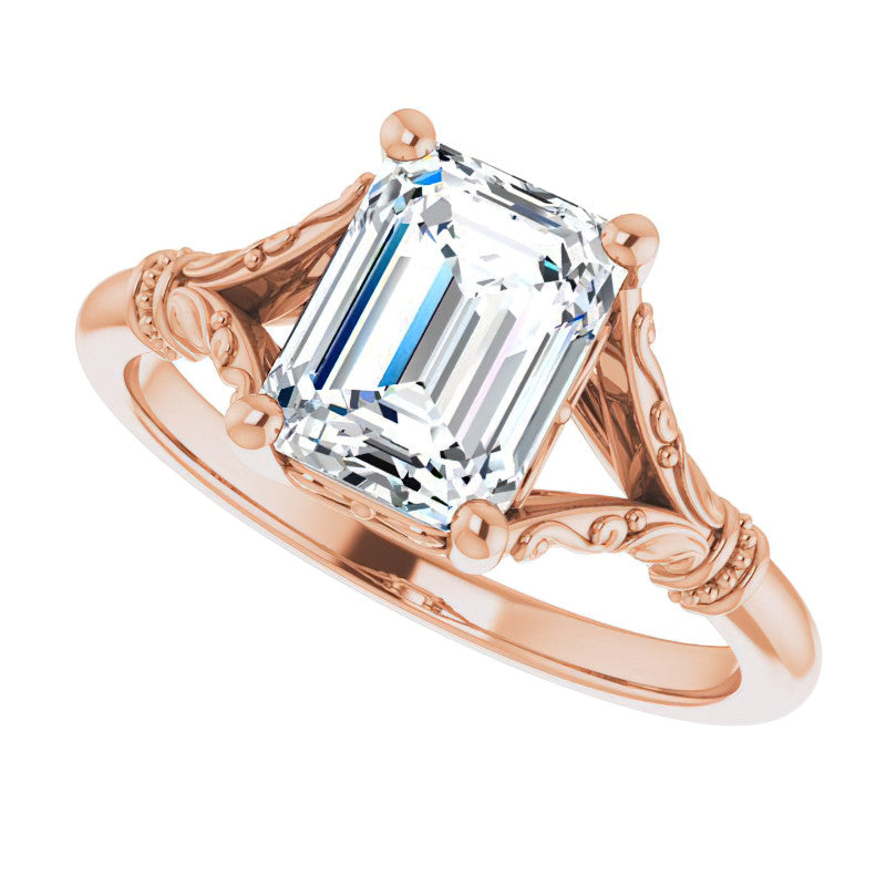 Emerald / Radiant Split Shank Moissanite Engagement Ring with Scroll Accents
