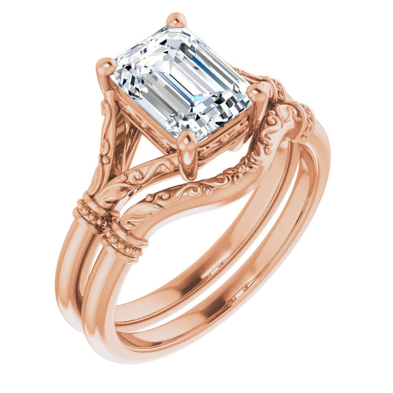 Emerald / Radiant Split Shank Moissanite Engagement Ring with Scroll Accents