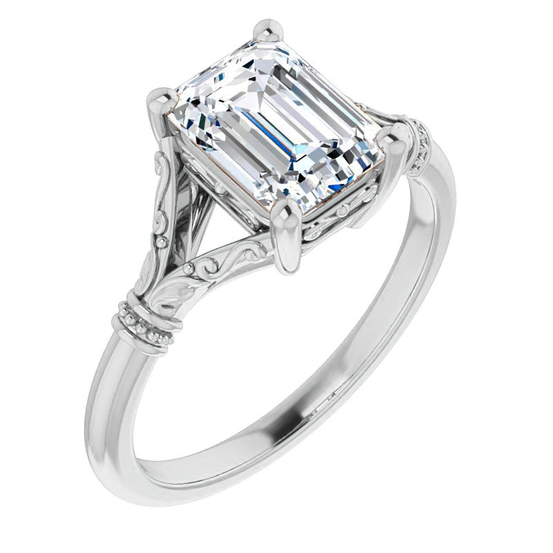 Emerald / Radiant Split Shank Moissanite Engagement Ring with Scroll Accents
