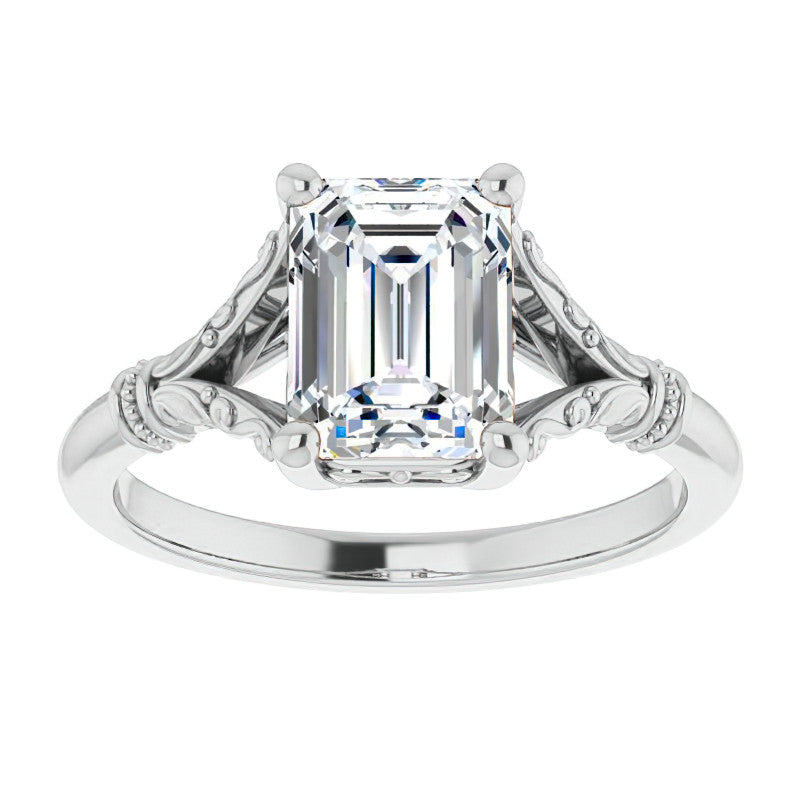 Emerald / Radiant Split Shank Moissanite Engagement Ring with Scroll Accents