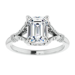 Emerald / Radiant Split Shank Moissanite Engagement Ring with Scroll Accents