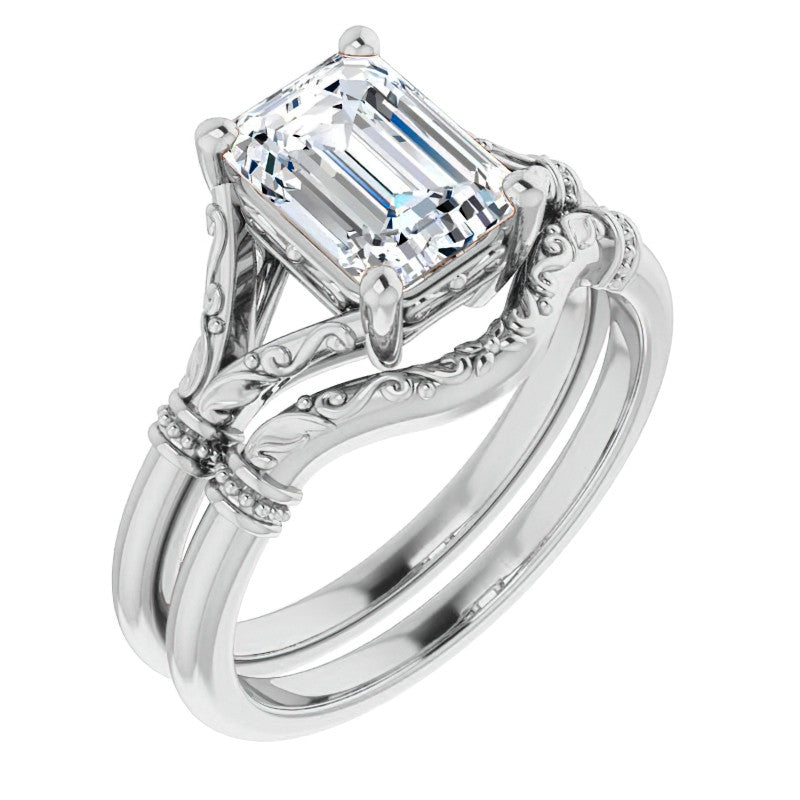 Emerald / Radiant Split Shank Moissanite Engagement Ring with Scroll Accents