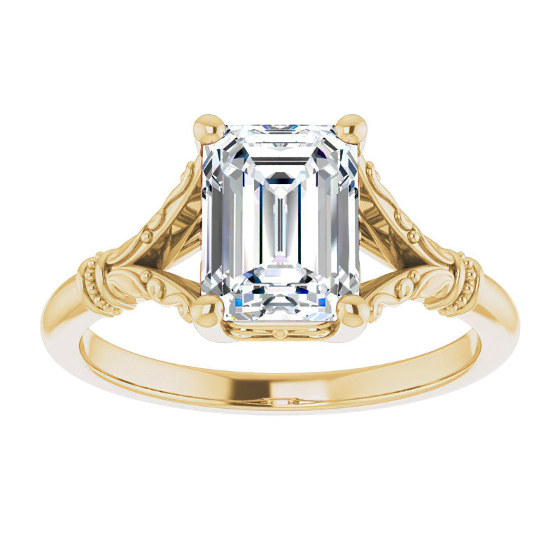 Emerald / Radiant Split Shank Moissanite Engagement Ring with Scroll Accents