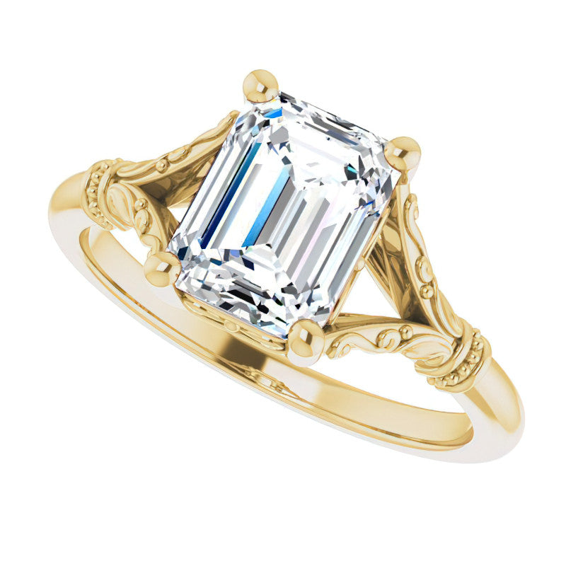 Emerald / Radiant Split Shank Moissanite Engagement Ring with Scroll Accents
