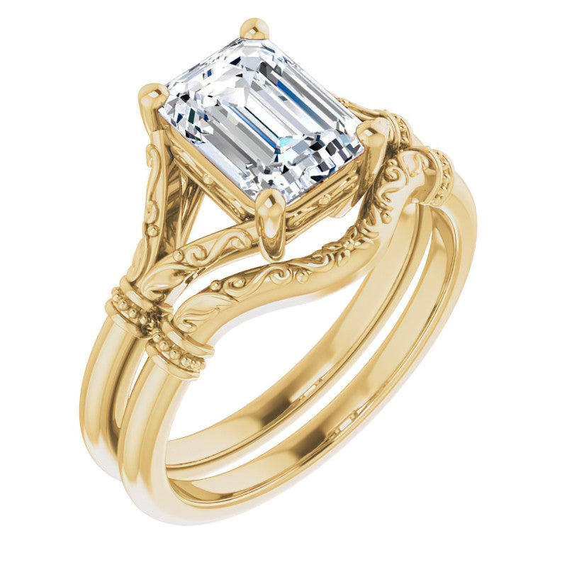 Emerald / Radiant Split Shank Moissanite Engagement Ring with Scroll Accents