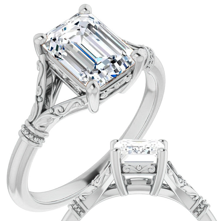 Emerald / Radiant Split Shank Moissanite Engagement Ring with Scroll Accents