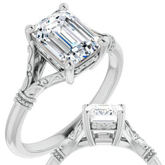 Emerald / Radiant Split Shank Moissanite Engagement Ring with Scroll Accents