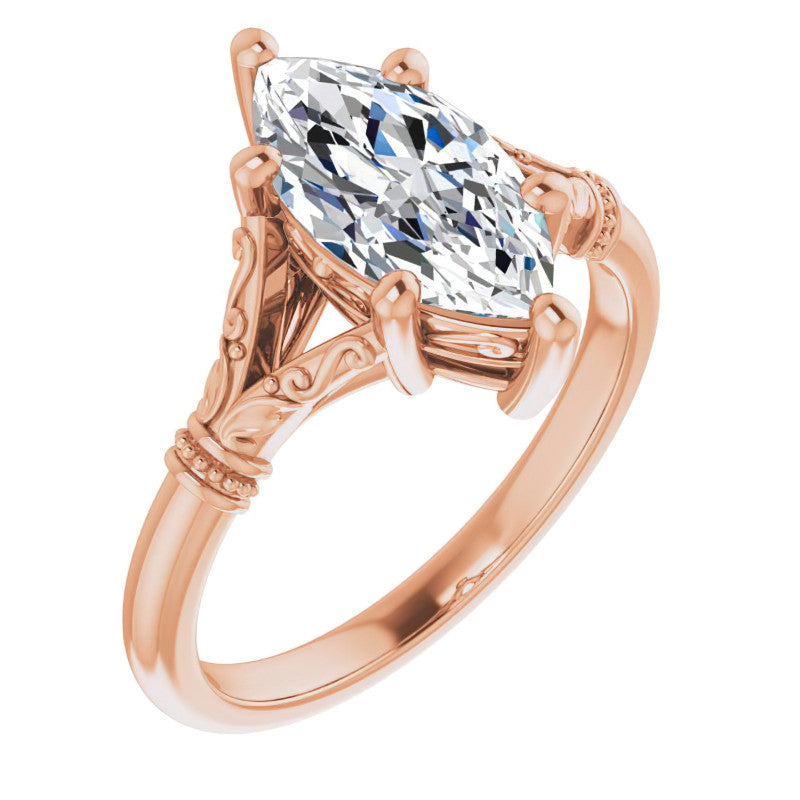 Marquise Split Shank Moissanite Engagement Ring with Scroll Accents
