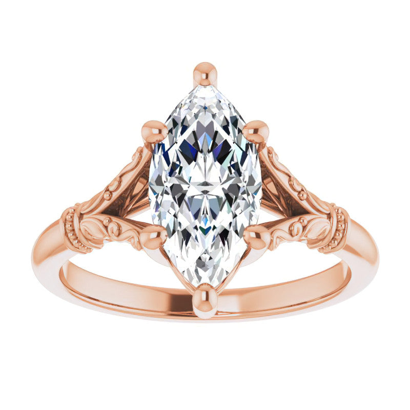 Marquise Split Shank Moissanite Engagement Ring with Scroll Accents