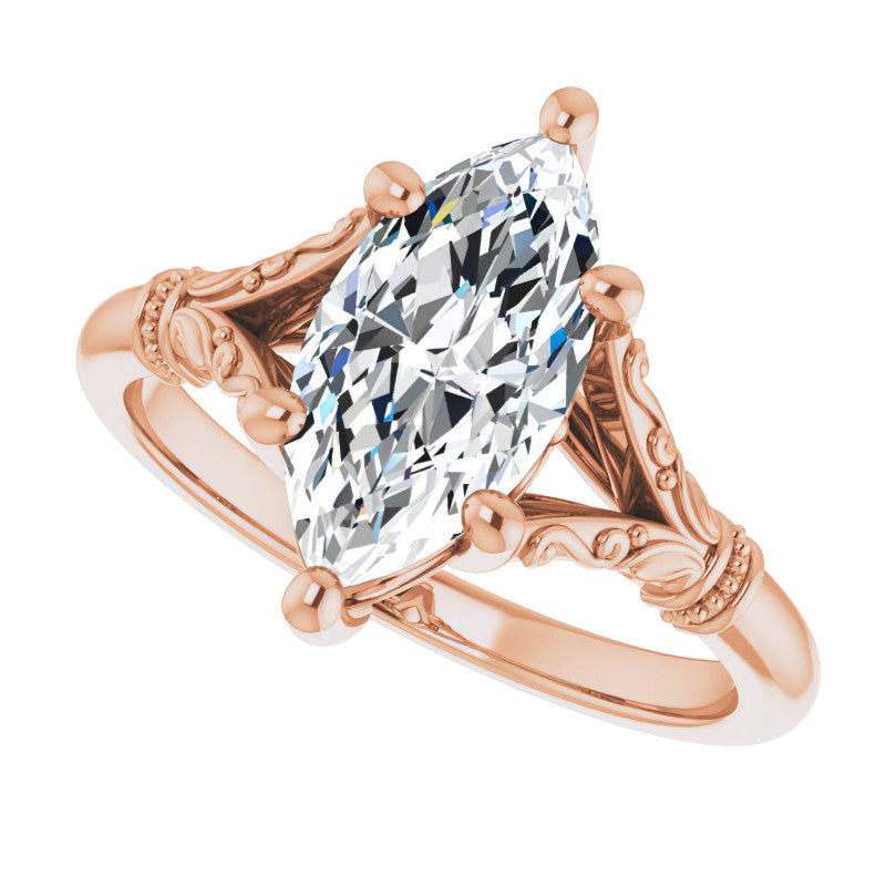 Marquise Split Shank Moissanite Engagement Ring with Scroll Accents