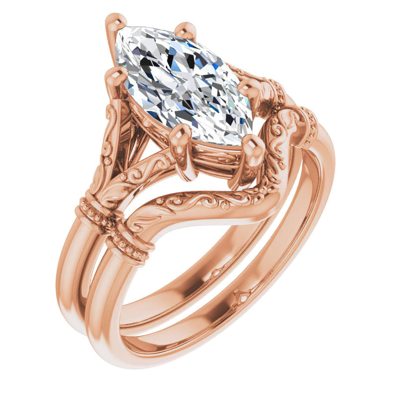 Marquise Split Shank Moissanite Engagement Ring with Scroll Accents