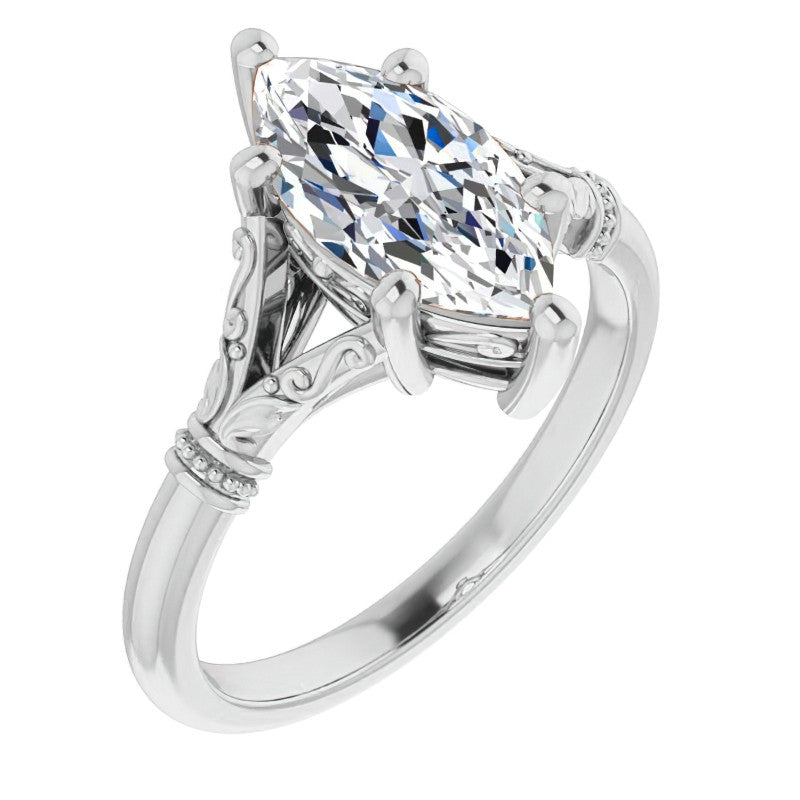 Marquise Split Shank Moissanite Engagement Ring with Scroll Accents
