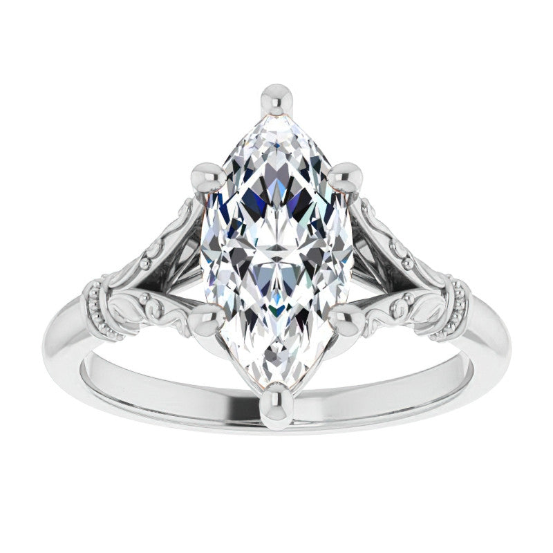 Marquise Split Shank Moissanite Engagement Ring with Scroll Accents