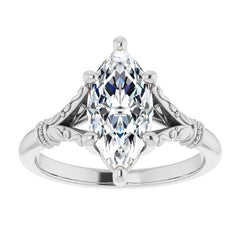 Marquise Split Shank Moissanite Engagement Ring with Scroll Accents