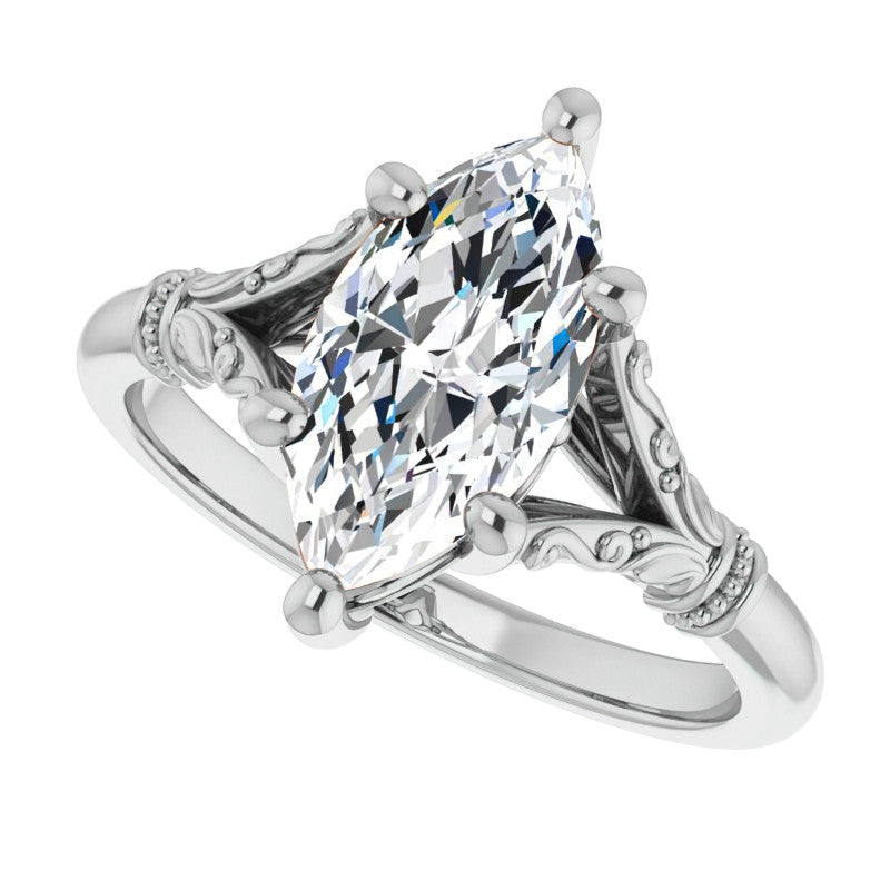 Marquise Split Shank Moissanite Engagement Ring with Scroll Accents