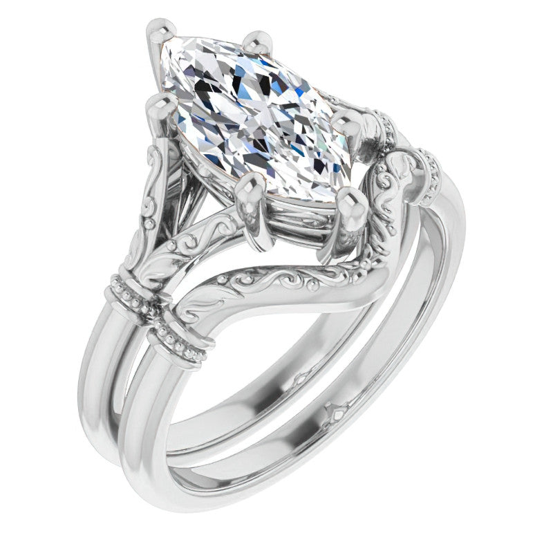 Marquise Split Shank Moissanite Engagement Ring with Scroll Accents