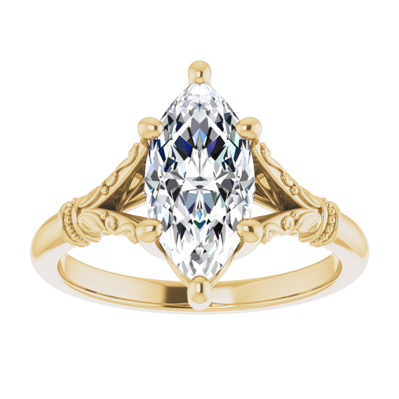 Marquise Split Shank Moissanite Engagement Ring with Scroll Accents