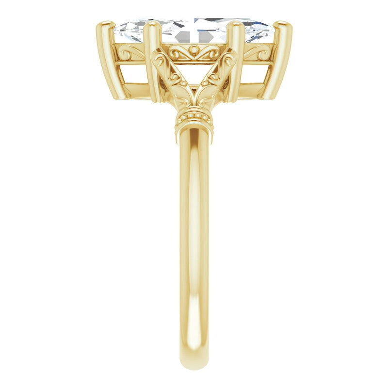 Marquise Split Shank Moissanite Engagement Ring with Scroll Accents