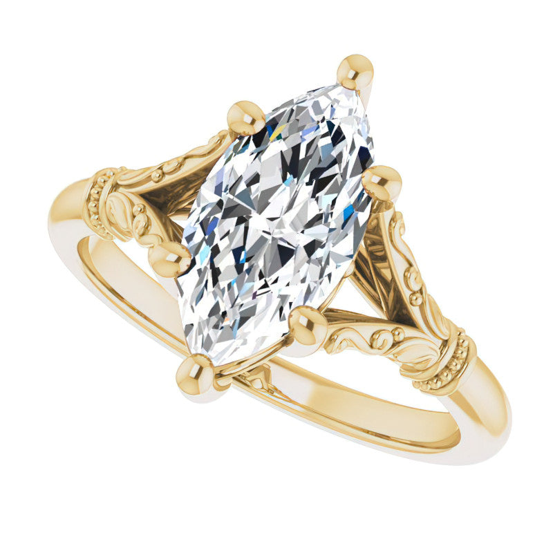 Marquise Split Shank Moissanite Engagement Ring with Scroll Accents