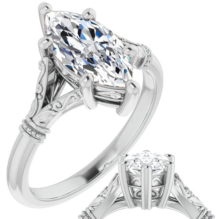 Marquise Split Shank Moissanite Engagement Ring with Scroll Accents