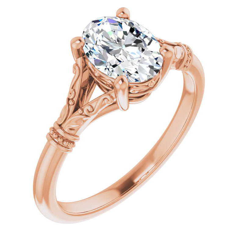 Oval Split Shank Moissanite Engagement Ring with Scroll Accents