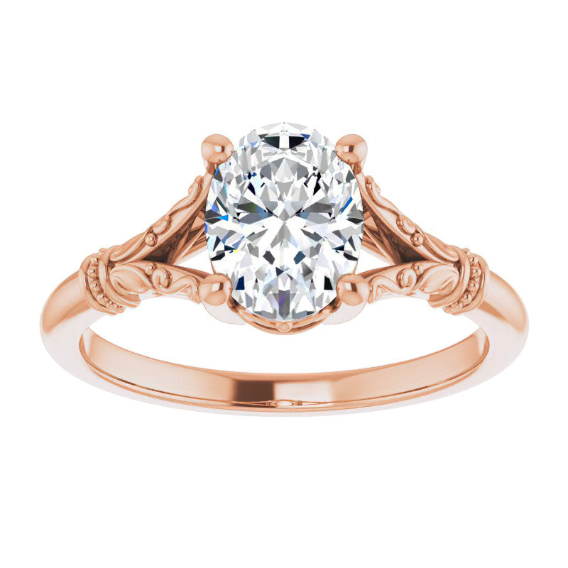 Oval Split Shank Moissanite Engagement Ring with Scroll Accents