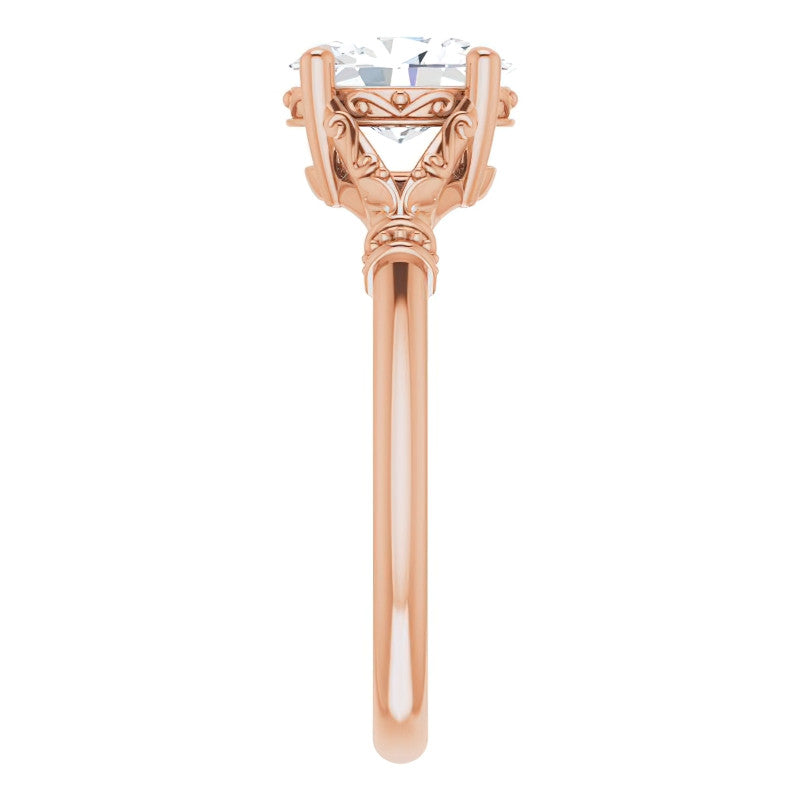 Oval Split Shank Moissanite Engagement Ring with Scroll Accents