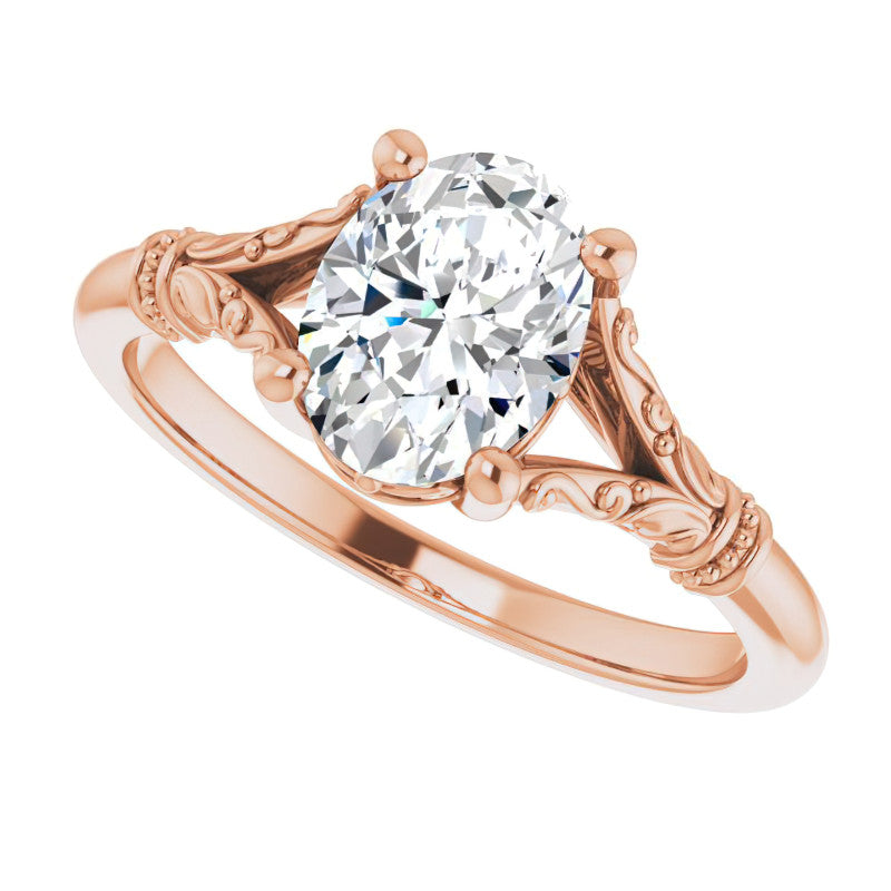 Oval Split Shank Moissanite Engagement Ring with Scroll Accents