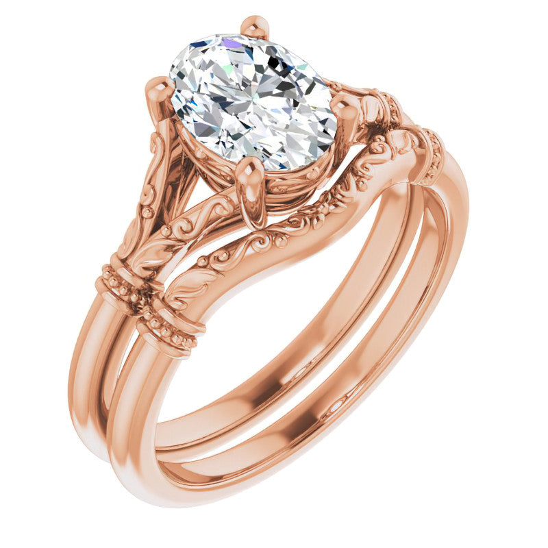 Oval Split Shank Moissanite Engagement Ring with Scroll Accents