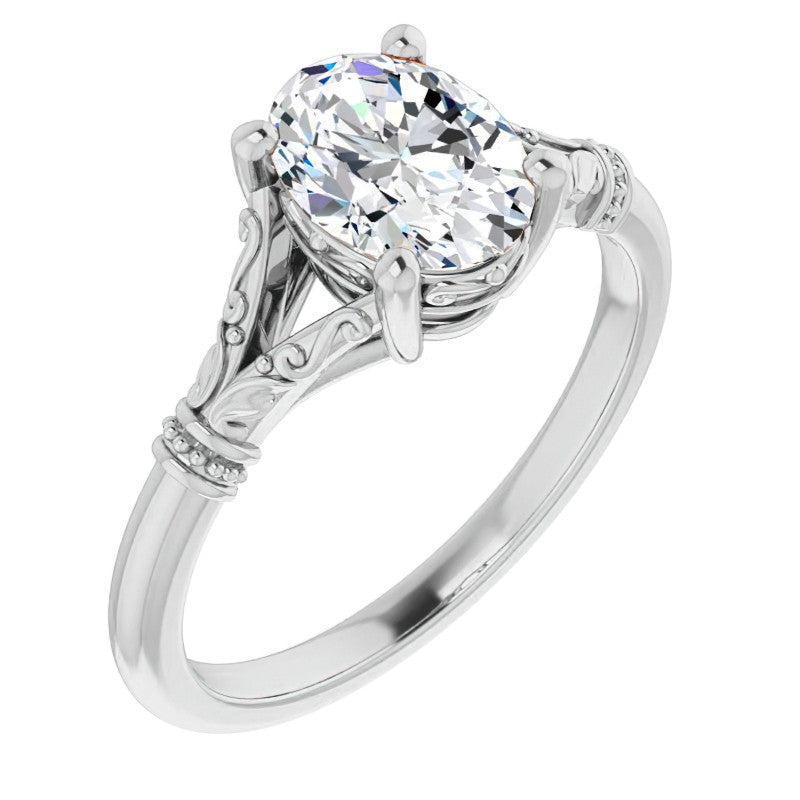 Oval Split Shank Moissanite Engagement Ring with Scroll Accents