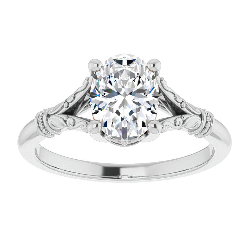 Oval Split Shank Moissanite Engagement Ring with Scroll Accents