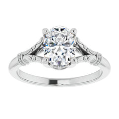 Oval Split Shank Moissanite Engagement Ring with Scroll Accents