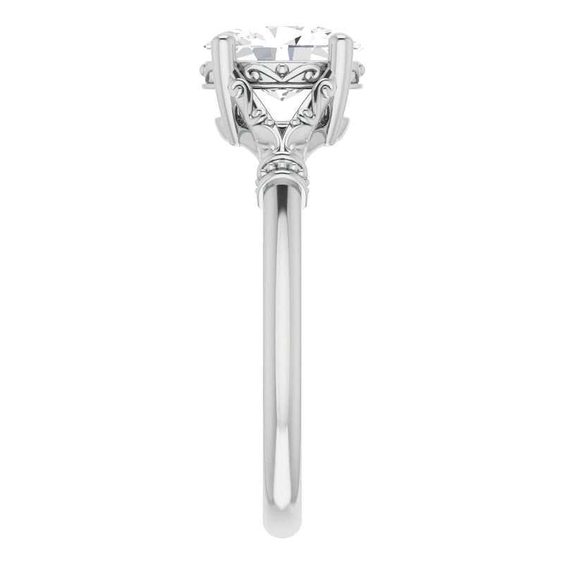 Oval Split Shank Moissanite Engagement Ring with Scroll Accents