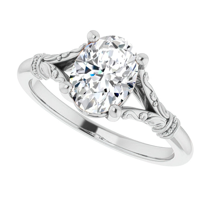 Oval Split Shank Moissanite Engagement Ring with Scroll Accents
