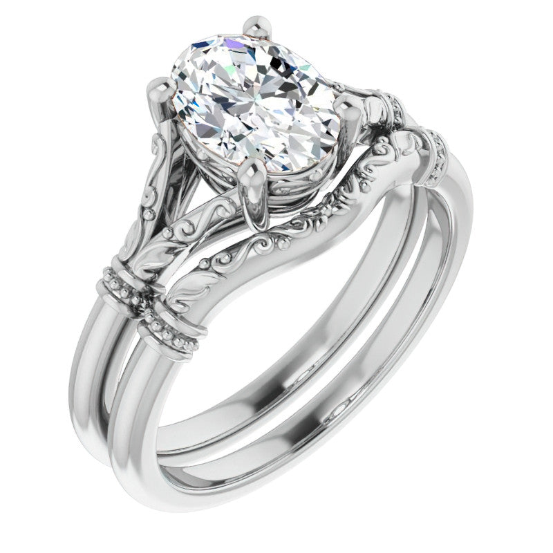 Oval Split Shank Moissanite Engagement Ring with Scroll Accents