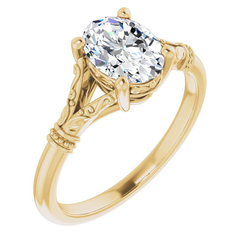 Oval Split Shank Moissanite Engagement Ring with Scroll Accents