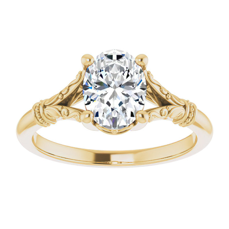 Oval Split Shank Moissanite Engagement Ring with Scroll Accents