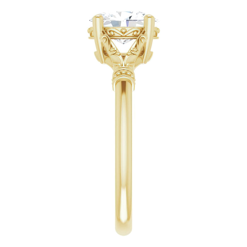 Oval Split Shank Moissanite Engagement Ring with Scroll Accents