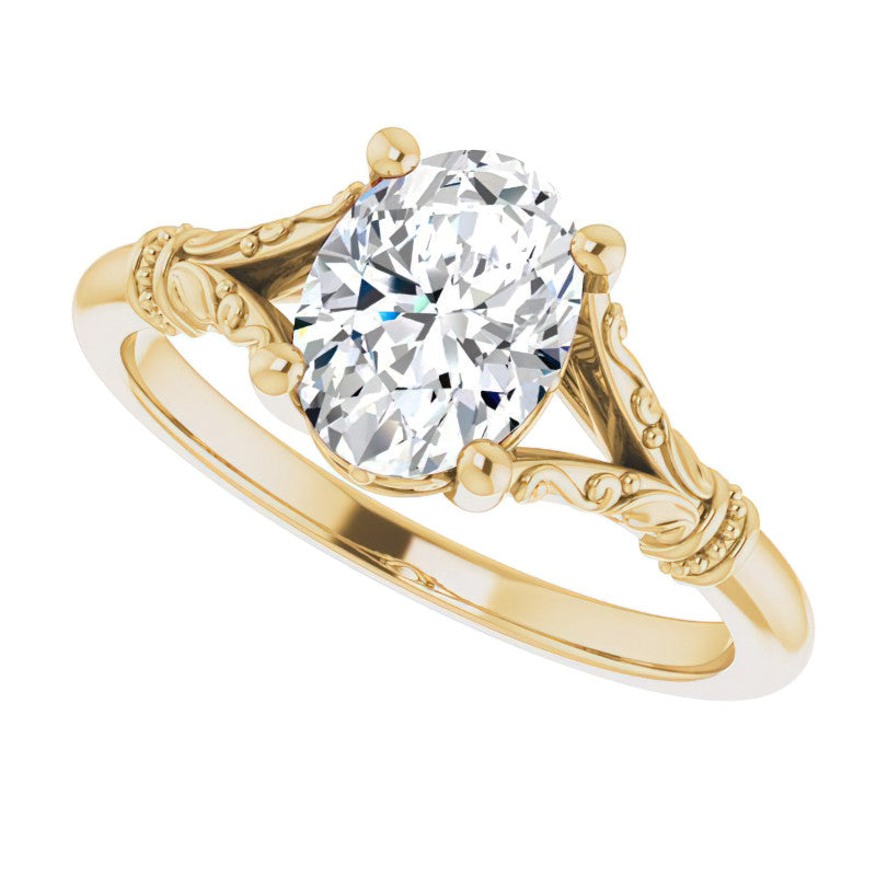 Oval Split Shank Moissanite Engagement Ring with Scroll Accents
