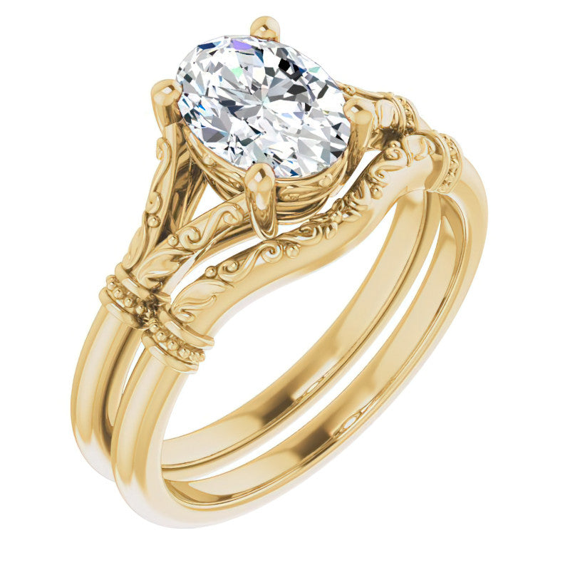 Oval Split Shank Moissanite Engagement Ring with Scroll Accents