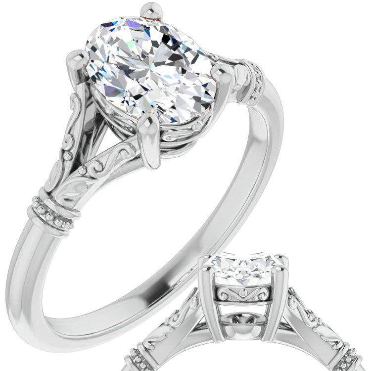 Oval Split Shank Moissanite Engagement Ring with Scroll Accents