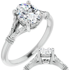 Oval Split Shank Moissanite Engagement Ring with Scroll Accents