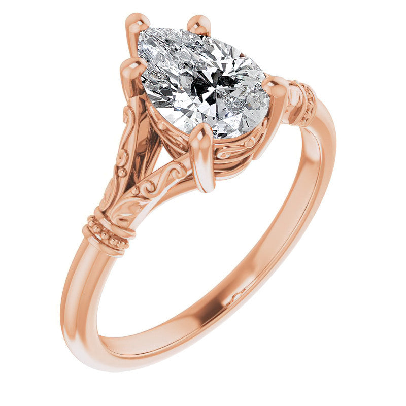 Pear Split Shank Moissanite Engagement Ring with Scroll Accents